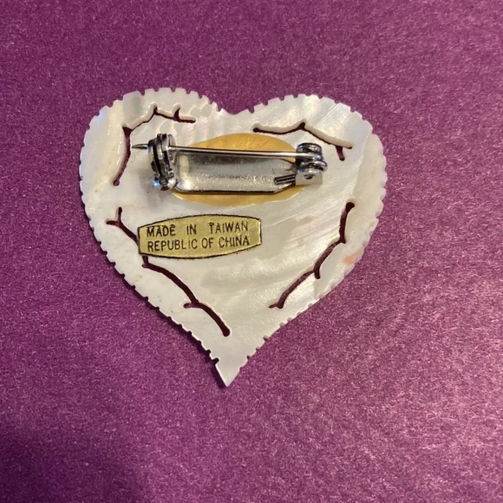 Vintage Taiwan Republic of China mother of pearl carved rose shaped heart